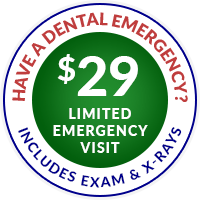 Coupon saying have a dental emergency $29 limited emergency visit includes exam and x rays