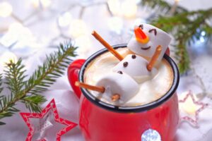 Marshmallow snowman in hot cocoa